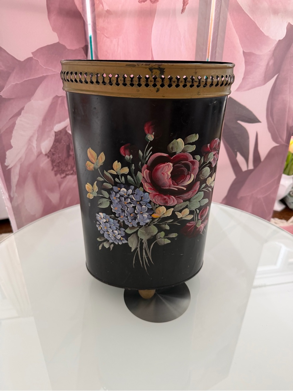 Antique Floral Black Metal Umbrella Holder with Gold Trim